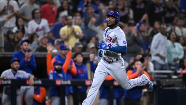 Jul 7, 2023; San Diego, California, USA; New York Mets right fielder Starling Marte (6) advances home to score a run against the San Diego Padres during the 10th inning at Petco Park.